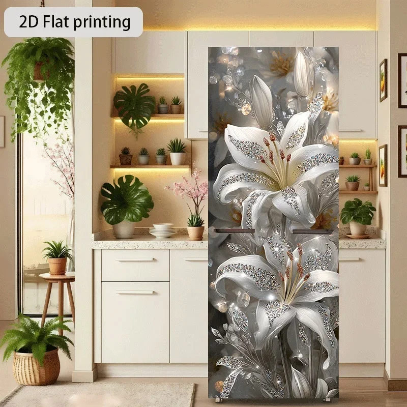 Refrigerator Sticker Crystal Diamond Lily Bloom Theme Design Wall Sticker Decorative Self-Adhesive Wallpaper Suitable for Cabi