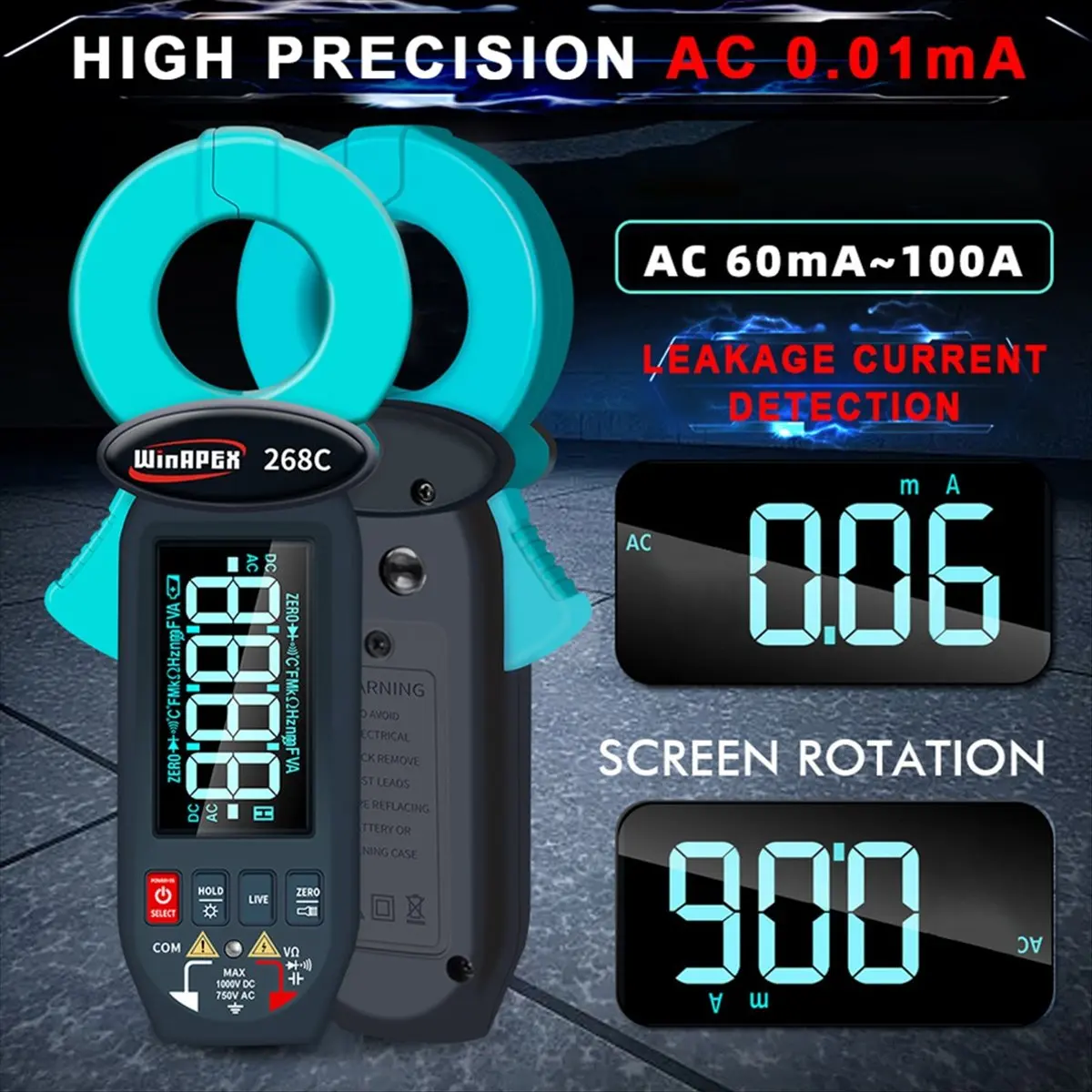 A73P  Leakage Current Detect Clamp Meter 0.01mA True RMS 60A AC DC Current Voltage Temp Screen Rotation NCV Multimeter