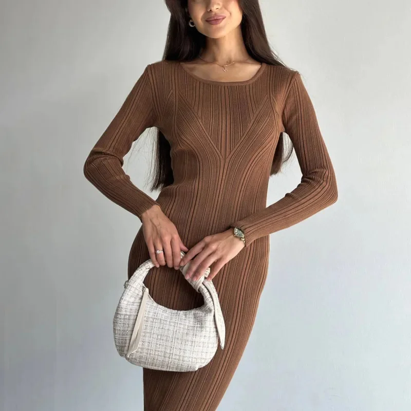 Chic Geometric Pattern Crochet Waist Bag Hip Long Skirt Autumn Round Neck Knitted Dress Fashion Women's Slim Fit Jumpsuit Skirt