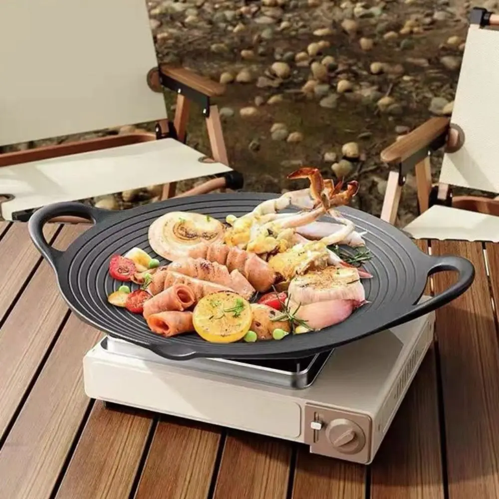 

Practical Korean Style BBQ Grill Pan Cast Iron Non Stick Grill Plate with Handle Round Barbecue Frying Pan Camping