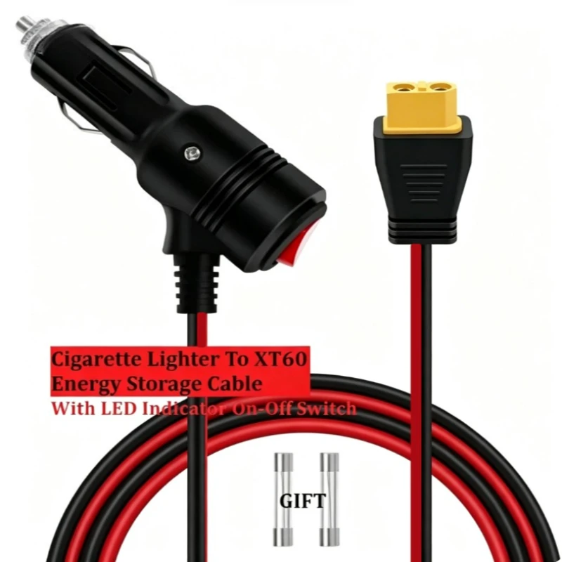 12AWG Cigarette Lighter To XT60 Energy Storage Cable 12-24V With LED Indicator On-Off Switch Vehicle Power Connection Cord