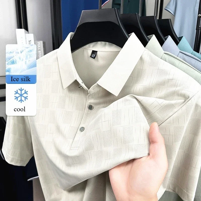 

GELITAYIN Men's Polo Shirt Ice Silk Cool Short Sleeve Summer Solid Plain Comfortable Breathable Elastic Top Holiday Vacation But