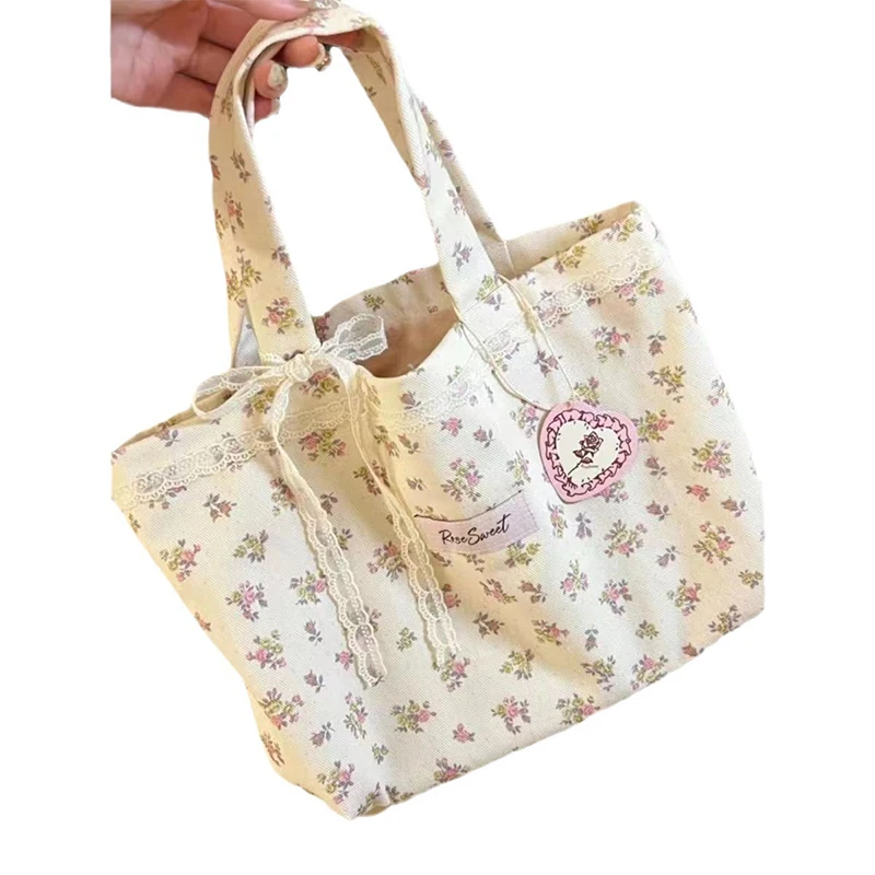 Large Capacity Fragmented Flowers Pattern Tote Bag Fashion Sweet With Lace Bow Storage Handbags Canvas Handbag