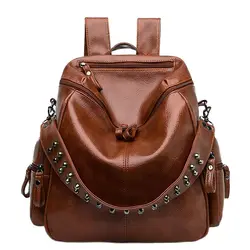 Soft Leather Backpack Women Large Capacity Travel Backpack Bookbag Fashion Rivets School Bags for Girls Shoulder Bags mochila