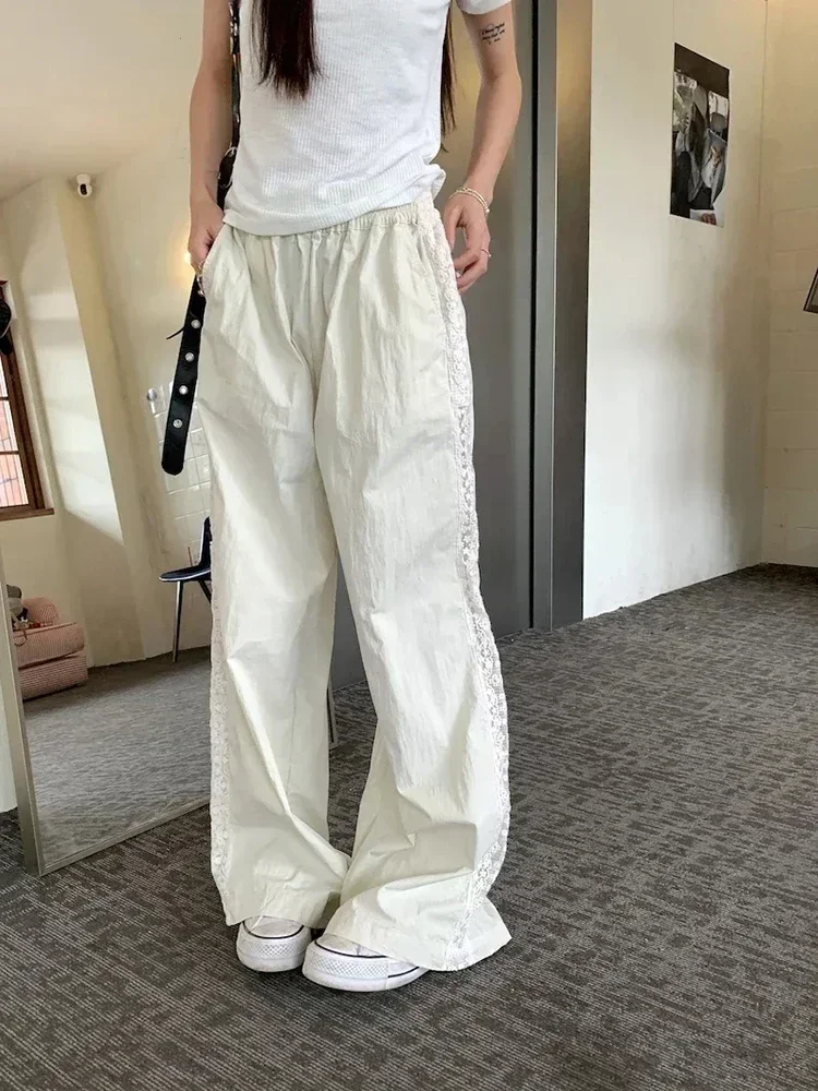

Sweet Lace Patchwork White Pants Y2K High Waist Preppy Thin Wide Leg Pants Korean Chic Loose Jogging Quick Drying Trousers New