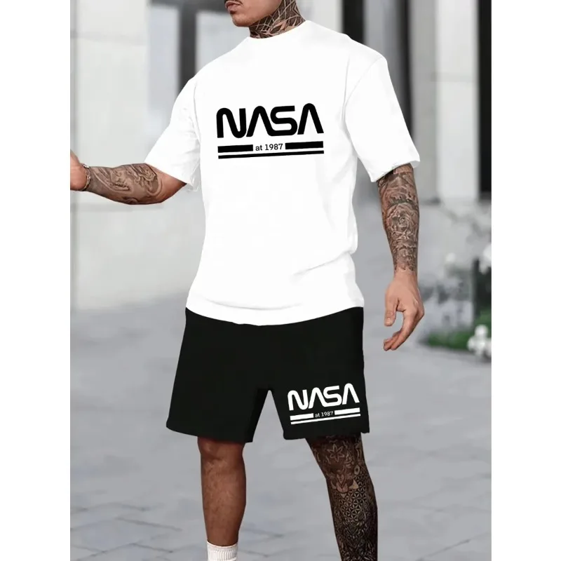 

Мужская новинка 2025 года, жаркая летняя хлопковая модная повседневная свободная футболка с буквенным принтом, спортивная футболка с круглым вырезом и коротким рукавом, шорты