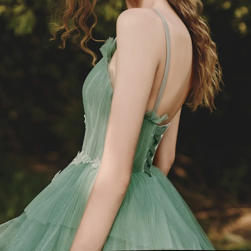 ミントグリーンのエレガントなパーティードレスウエディングドレスAラインメッシュスパゲッティストラップチュールロングVestidoウェディングパーティー卒業宴会ドレス