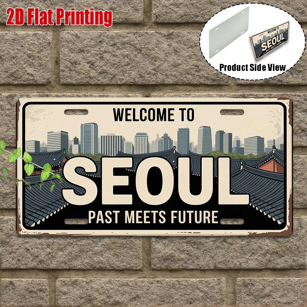 2D Flat, [2D Flat] 1pc, Vintage Metal Sign, Only for Decoration, Outdoor Wall Art (29.97cm * 14.99cm), Welcome to Seoul Sign,