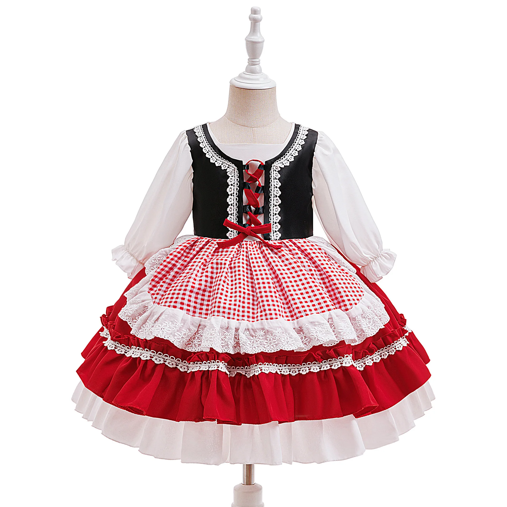 Girls‘ Christmas dress  long-sleeved puffy skirt  red princess dress Little Red Riding Hood party dress festival dress