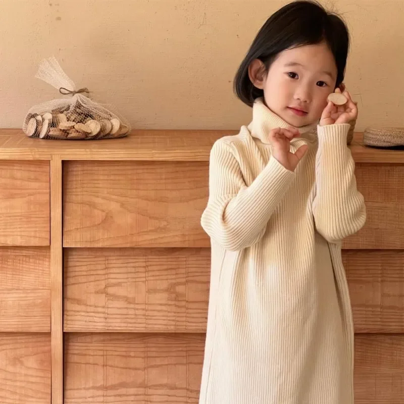 Premium Korean inspired Winter Dress for Girls 2025 New High neck Mid length Turtleneck Sweater Dress with Layered Skirt Cozy