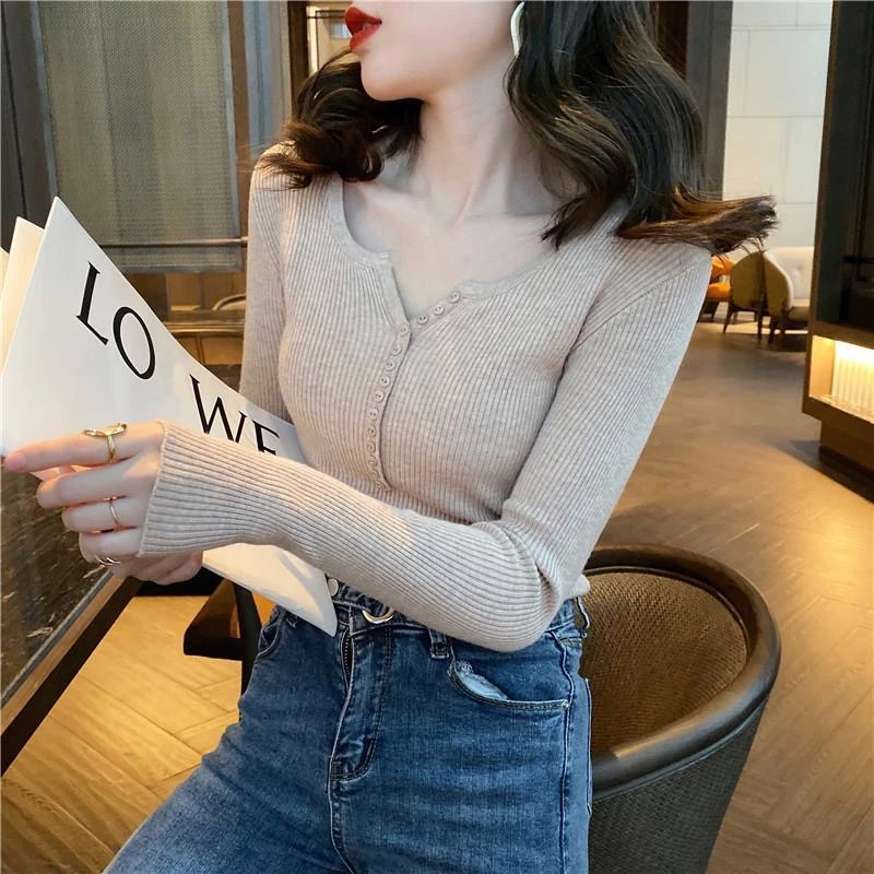Women Sexy V Neck Long Sleeve Knitted Cardigan Sweater Fashion Solid Stretch Tops Thin Button Up Pullovers Bottoming Sweater