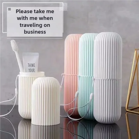 여행 칫솔 상자 세로 줄무늬 휴대용 구강 세척제 컵 칫솔질 컵 세척 컵 칫솔 상자 치약 보관 카트리지 Best5