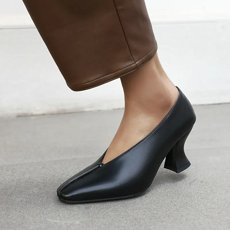 Grandma Shoes Female Thick Heel Shoes Spring and Autumn Witch Shoes Square Toe V-Notch High Heel Shoes Female