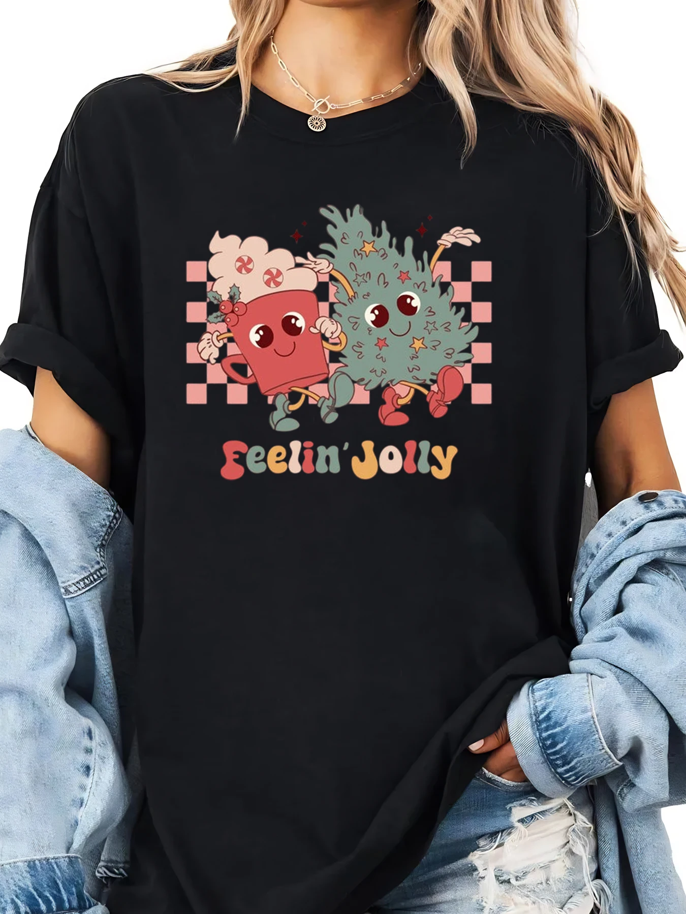 Cupcake de noël et arbre Feelin Jolly imprimé T-Shirt vacances femmes tenue décontracté noir grande taille