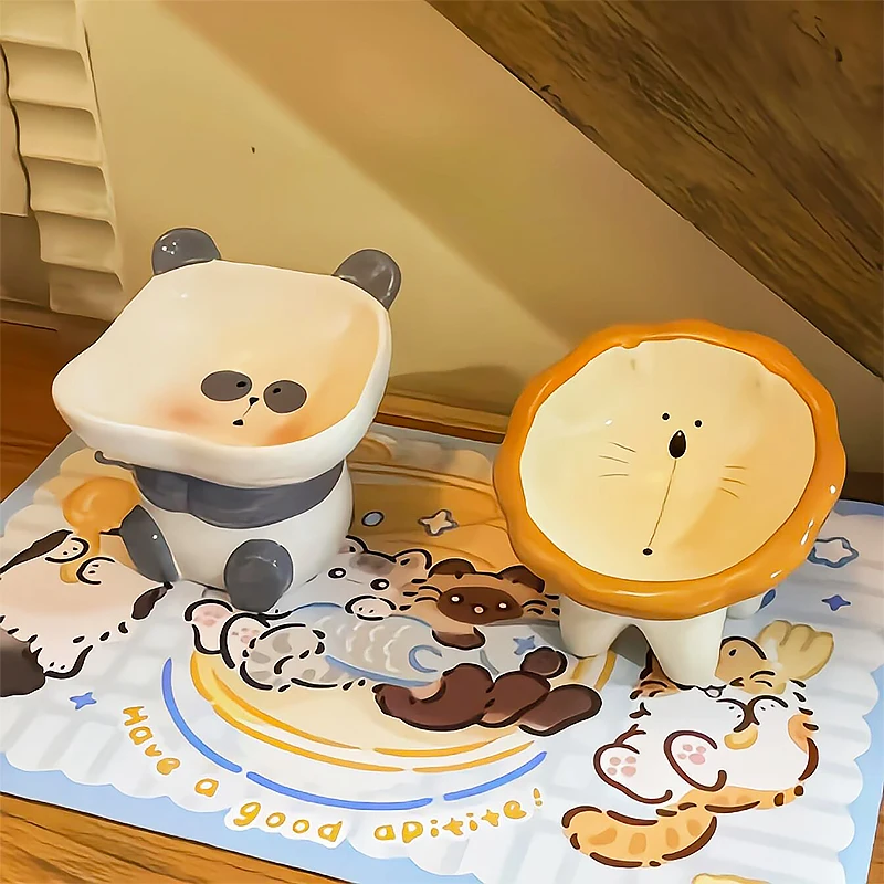 

Cute Cartoon Cat Dog Bowl Ceramic Non Slip Anti Spill Tilted Design Food Water Dish Neck Protection Pet Feeding Bowl