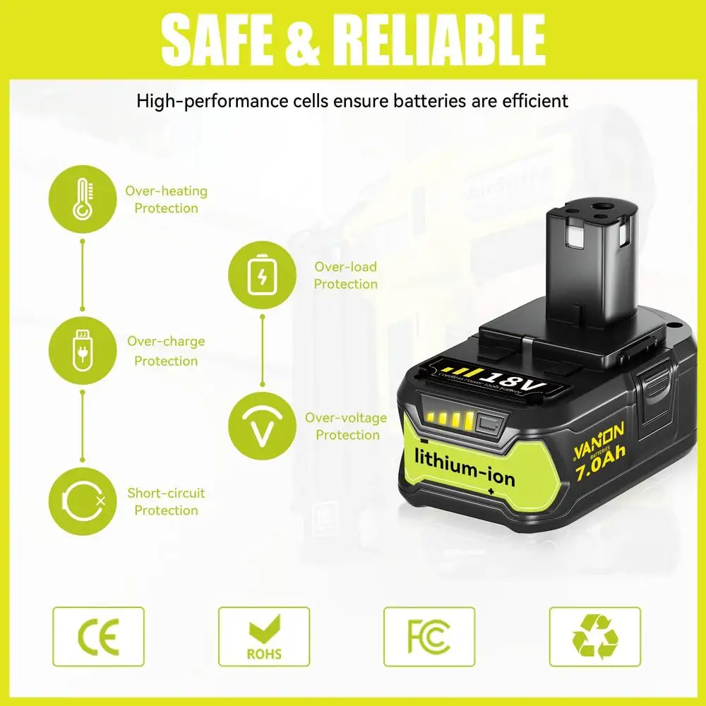 2-pack 18V 7000mAh vervangende batterij compatibel met Ryobi 18V draadloos gereedschap P108 P107 P105 P104 P103