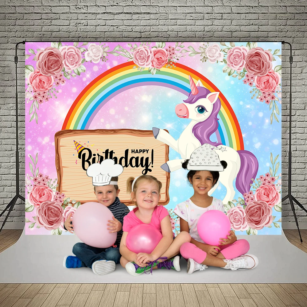 Cầu Vồng Kỳ Lân Banner Happy Birthday Trang Trí Phông Nền Sơ Sinh Gái Chụp Ảnh Em Bé Hình Nền Phòng Thu Photocall