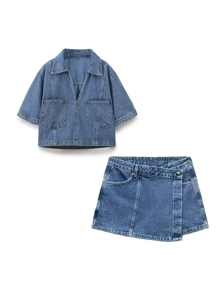 

Women's Pocket Decoration Loose Denim Suit Casual Lapel Short Shirt Asymmetric Skirt Commuter Versatile Two Piece Set