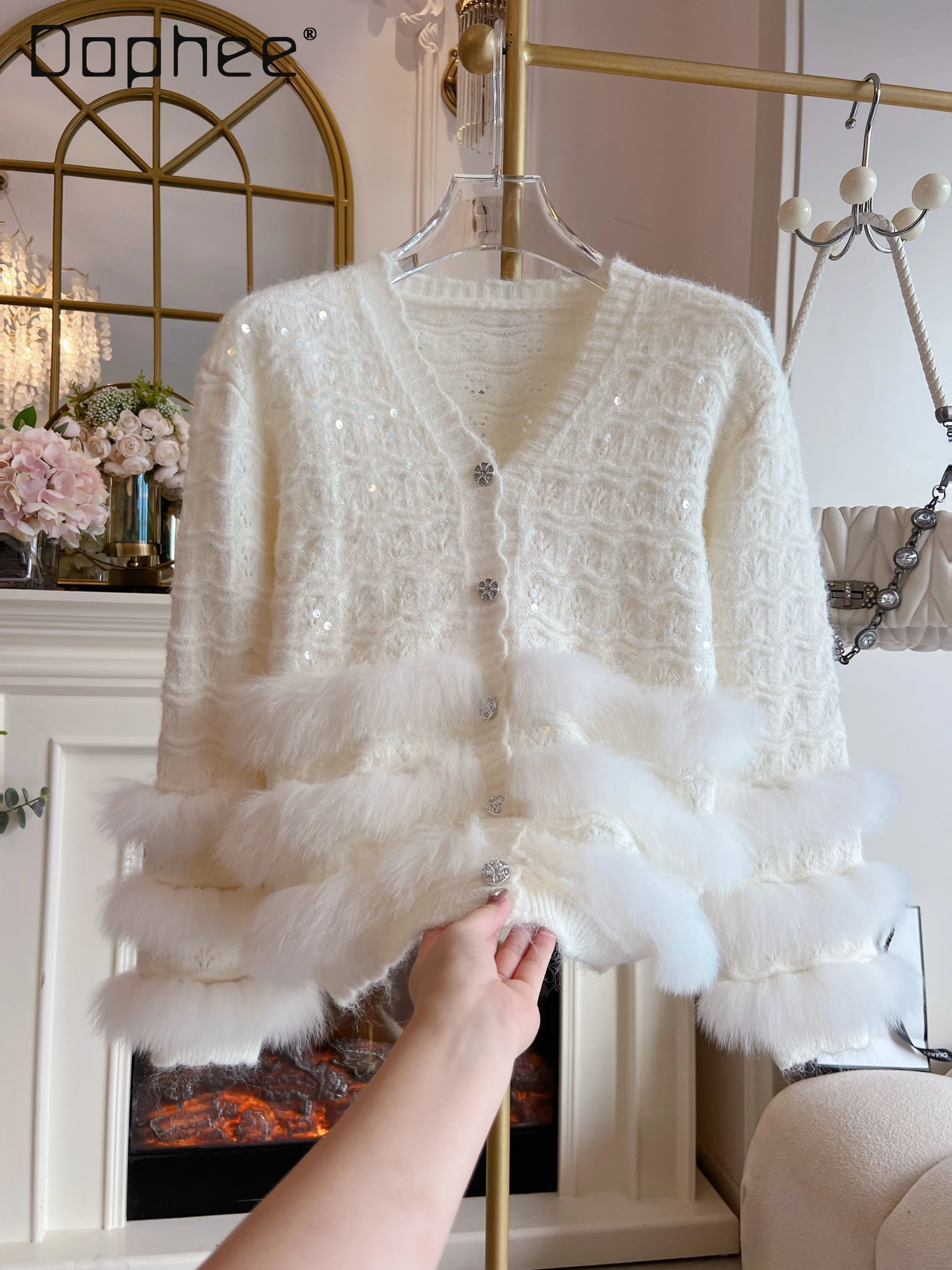 

Fur Knitted Cardigan Women's Clothing Autumn Sequined V Neck Long Sleeve Sweater Coat Single-breasted Tops White Casual