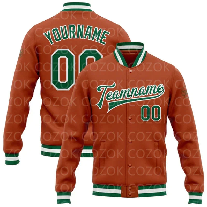 Chaqueta con botones de béisbol con estampado 3D naranja personalizada, chaqueta Bomber Full-Snap Varsity Letterman