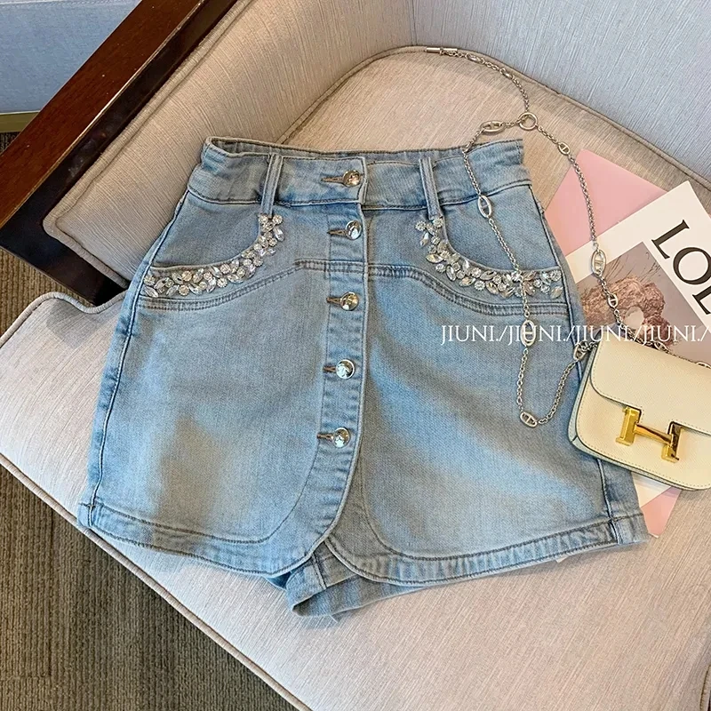 

Vintage High Waist Slim Denim Culottes Shorts,Summer Women Korean A-line Jean Short Skirt,Casual Diamond Mini Skirts,2024,WI235