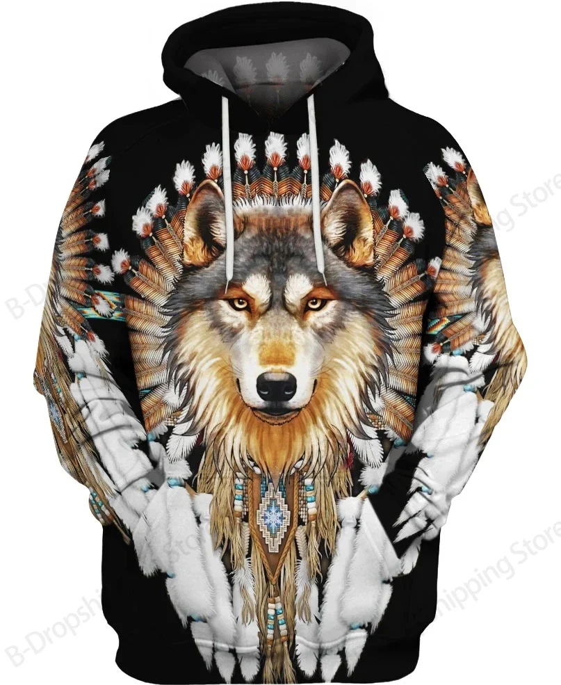 3D Wolf-patterned Men's Hooded Sweatshirt, Fashionable Long-sleeved, Retro Style, Role-playing Outfit, Trendy, Unique Style