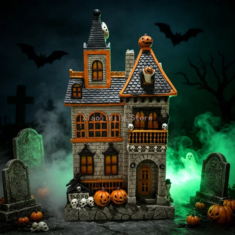 Halloween Desktop Resin Haunted House Statue Pumpkin Skull Ghost 19×9×35cm Home Fireplace Shelf Party Decor Ornament