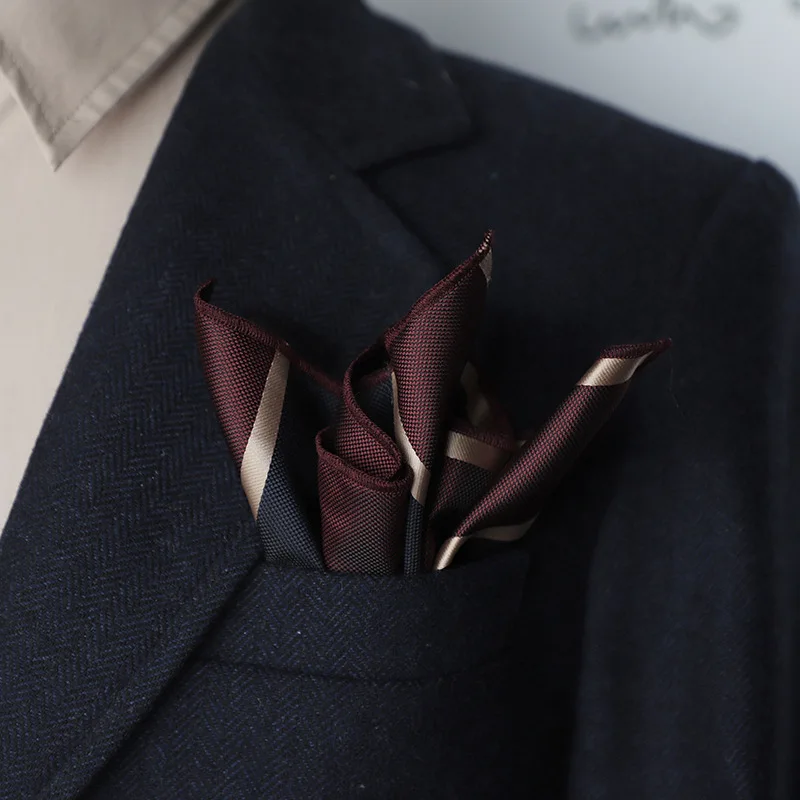 23cm Classic Striped Pocket Square Men Business Paisley Dots Handkerchief Formal Suit Pocket Towel Casual Polyester Brown Hanky