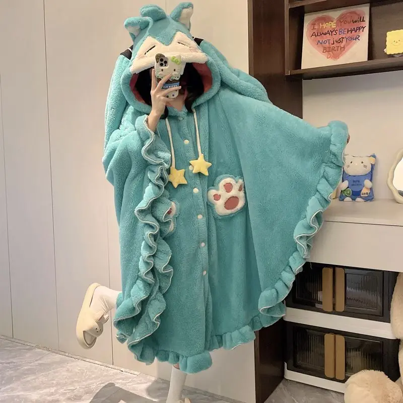 初音ミクパジャマ女の子秋と冬厚みのあるコーラルベルベットナイトガウンかわいいぬいぐるみフード付きマントショールホームウェアギフトギフト