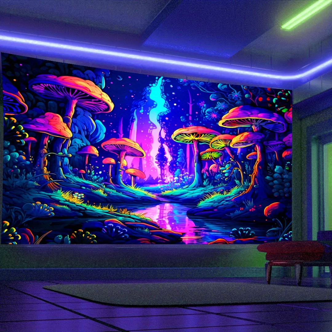 VIKAMA Psychedelischer, fluoreszierender Waldpilz-Wandteppich, Neon-Wandbehang, Dekoration für Schlafzimmer und Wohnzimmer