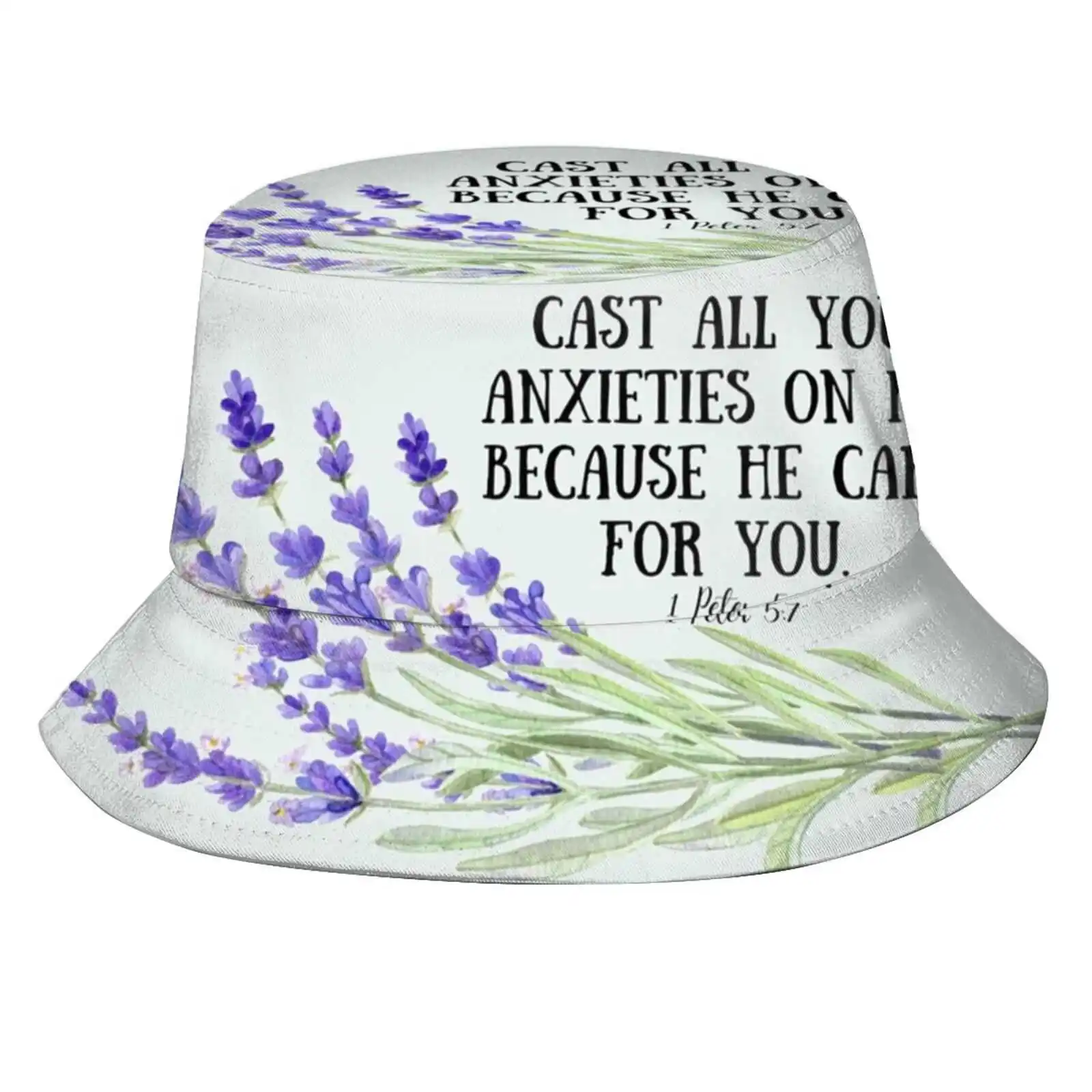 Scripture Inspired Watercolor Flower- 1 Peter 5:7 Sun Cap Fisherman Hat Bucket Hats Lavender Watercolor Scripture Inspiration