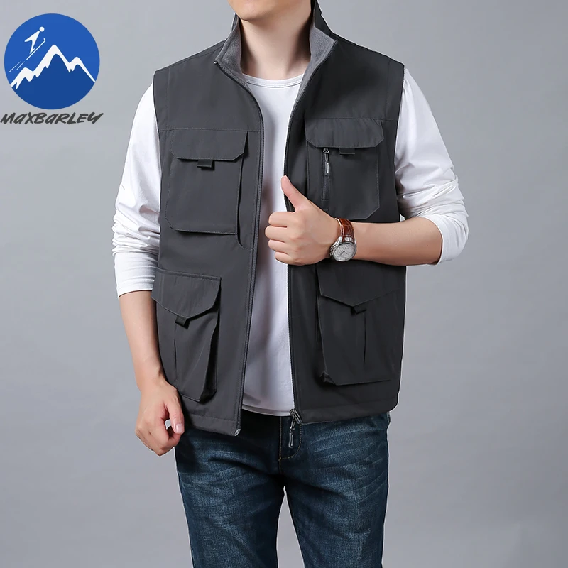 

Maxbarley Fleece Sleeveless Vest Coats Men Autumn Winter Double-sided Warm Multi-pocket Waistcoat Retro Photographer Tool Vests