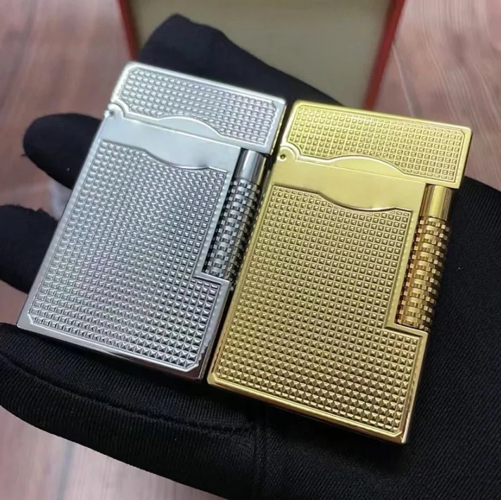 Grid Engraved Flint Gas Lighter,Refillable Butane Vintage Luxury Metal Smoking Accessory for Cigar Cigarette Men Gift