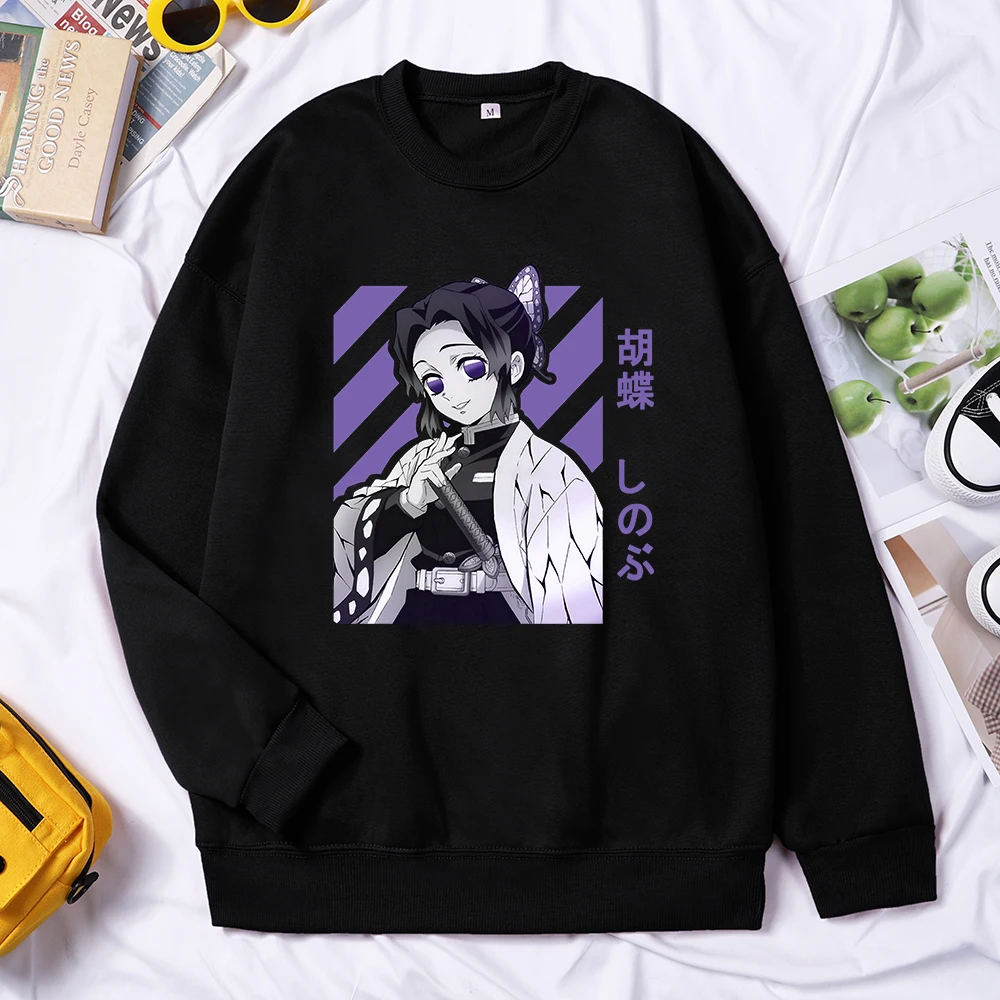 Anime Demon Slayer Kochou Shinobu Women Tops Fleece All-match Pullover Harajuku Loose Sweater Crewneck Fleece Female Clothing