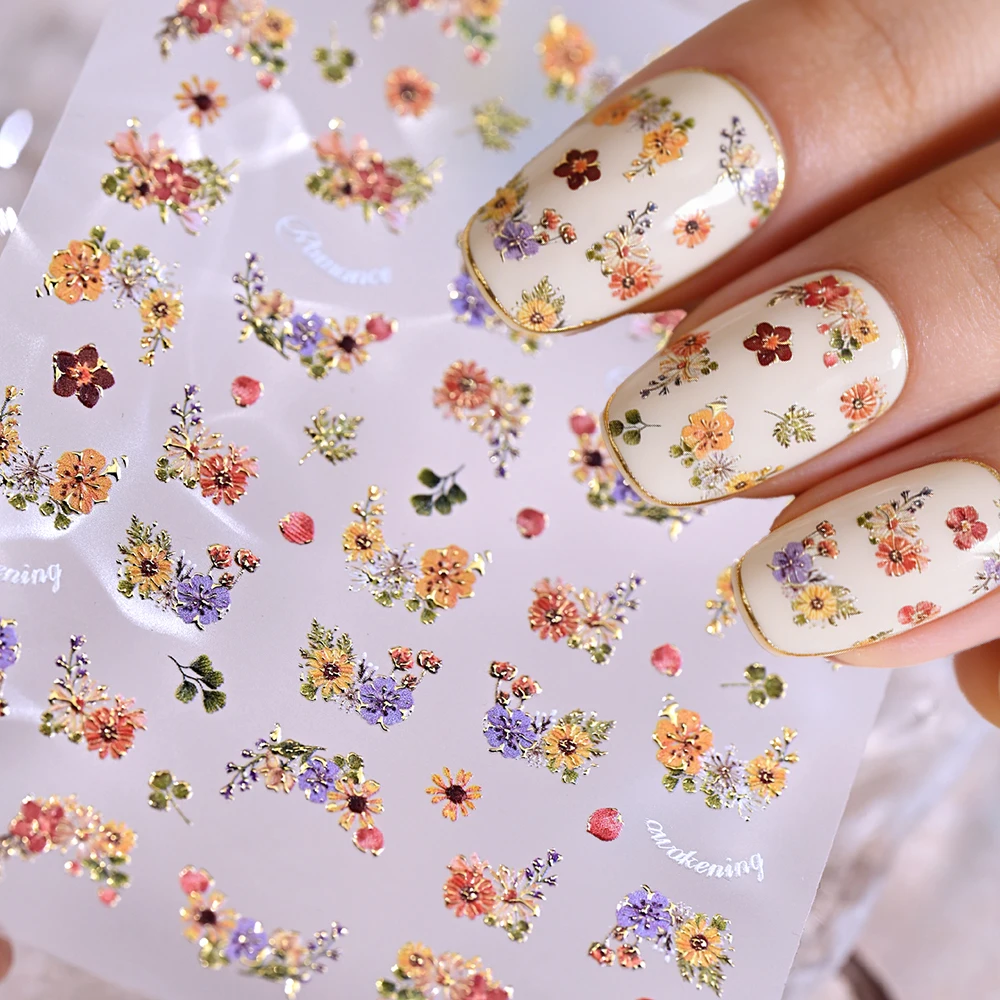 1pcs Delicate Metal Flowers Nail Sticker Colored Daisy Blossoms Self-adhesive Nail Decals Spring Floral Manicure Slider Decorati