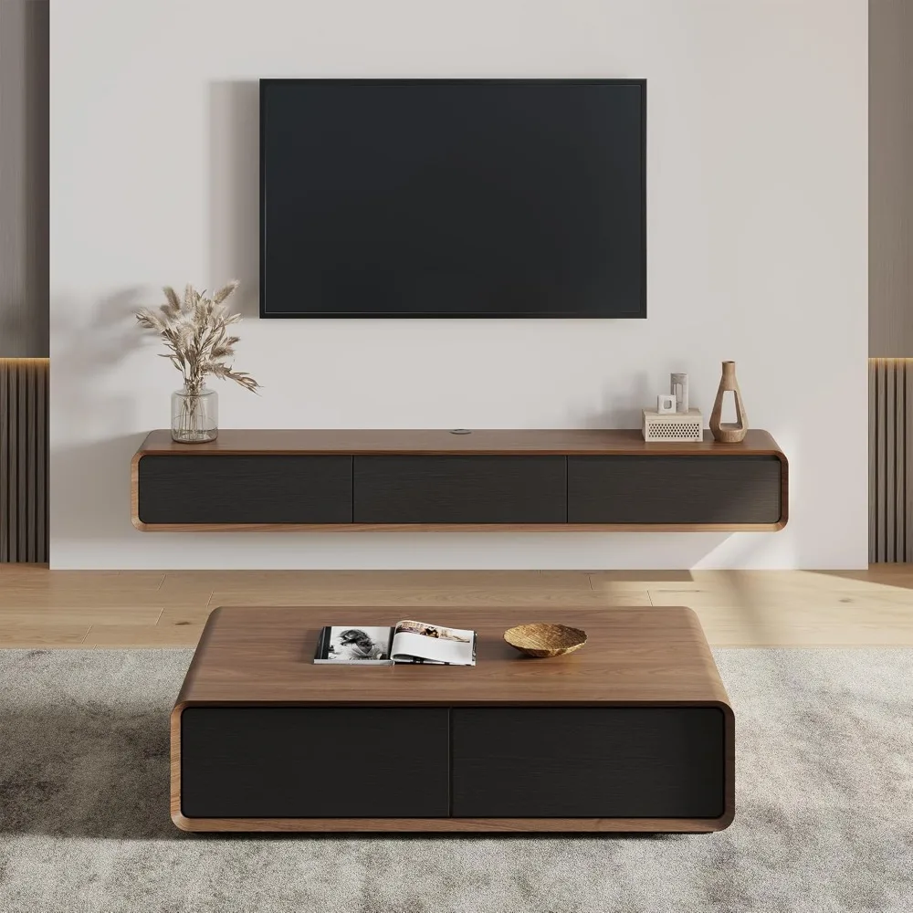 

Floating TV Stand, 63 Inch Walnut and Black Modern TVs Stands, Solid Wood Floating Entertainment Center, Minimalist TV Stand