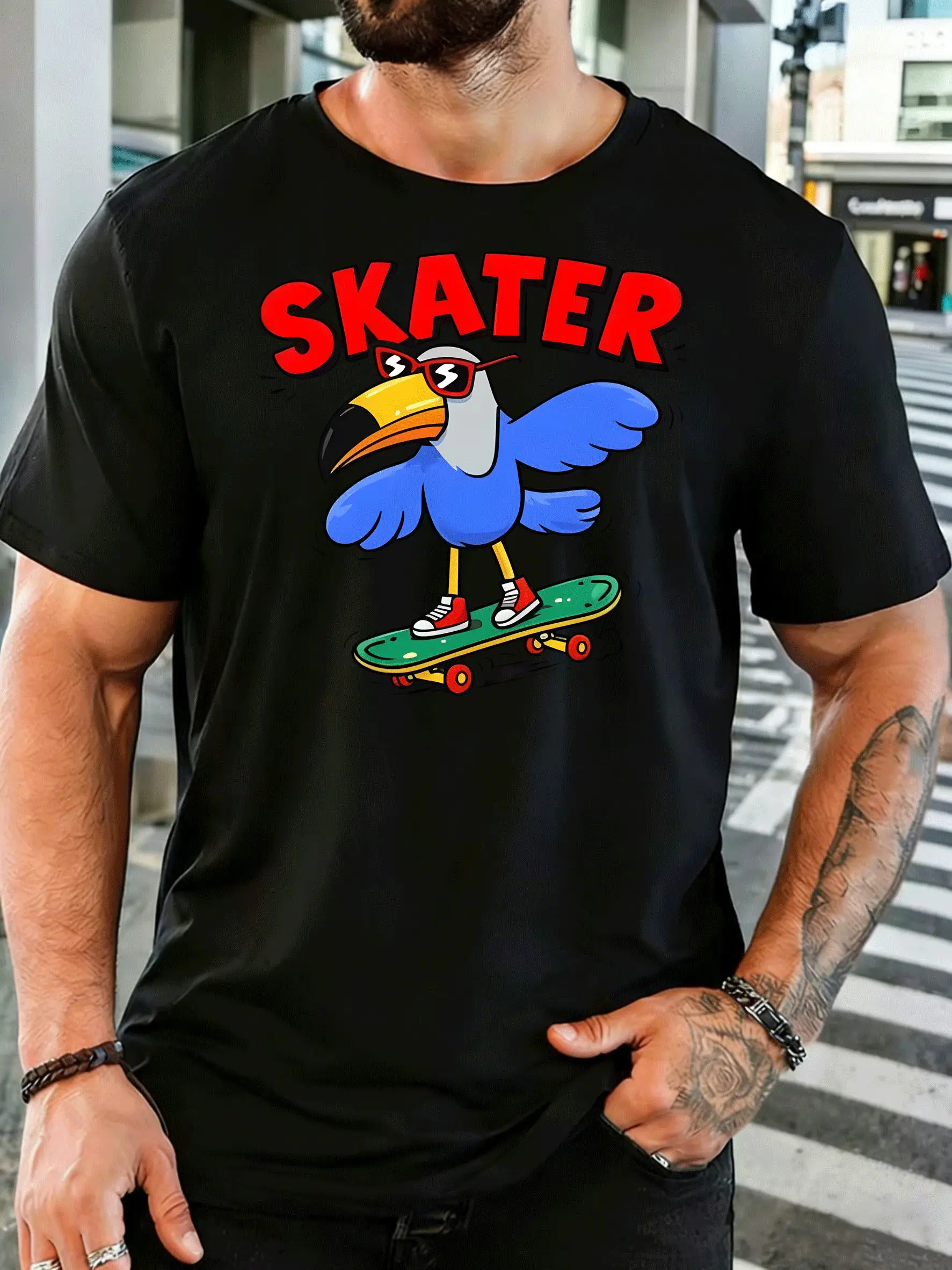 Skater Toucan Bird Riding Mens Front Print T Shirt Cool Cartoon Animal Graphic Tee Casual Short Sleeve Top Skate Lover Gift
