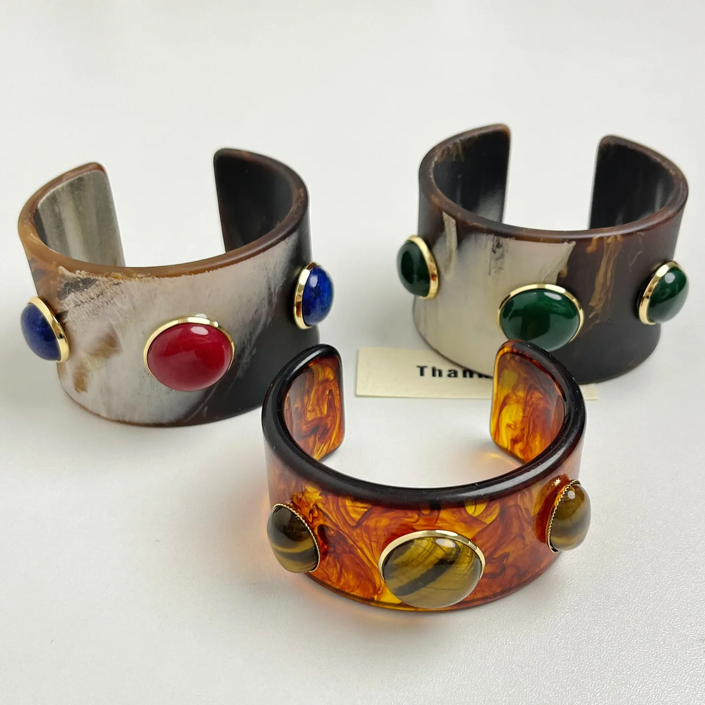Vintage Natural Stone Wide Cuff Bracelet High-end Personality Handmade Resin Open Bangles for Women Luxury Jewelry