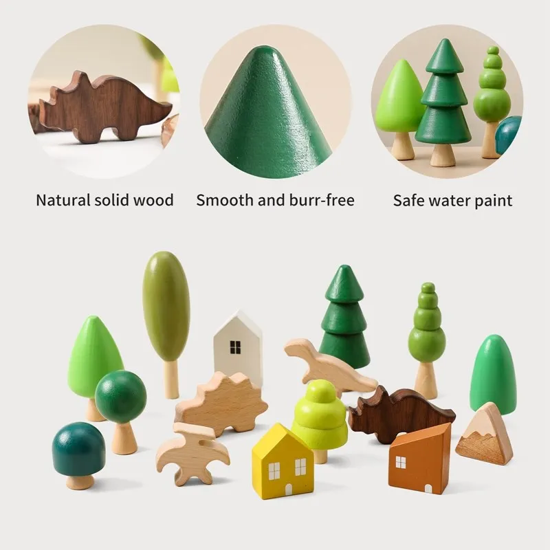 Wooden Building Block Toy for Kids Dinosaur Natural Simulation Tree DIY Coloring Stacking Educational Toy Montessori Puzzle Game