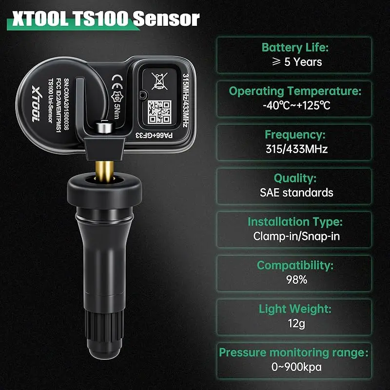 XTOOL TS100 TPMS Sensor Rubber Version 433MHZ & 315MHZ Tire Pressure Sensor Monitor Tester Tools Work With XTOOL TP150 IP819TP