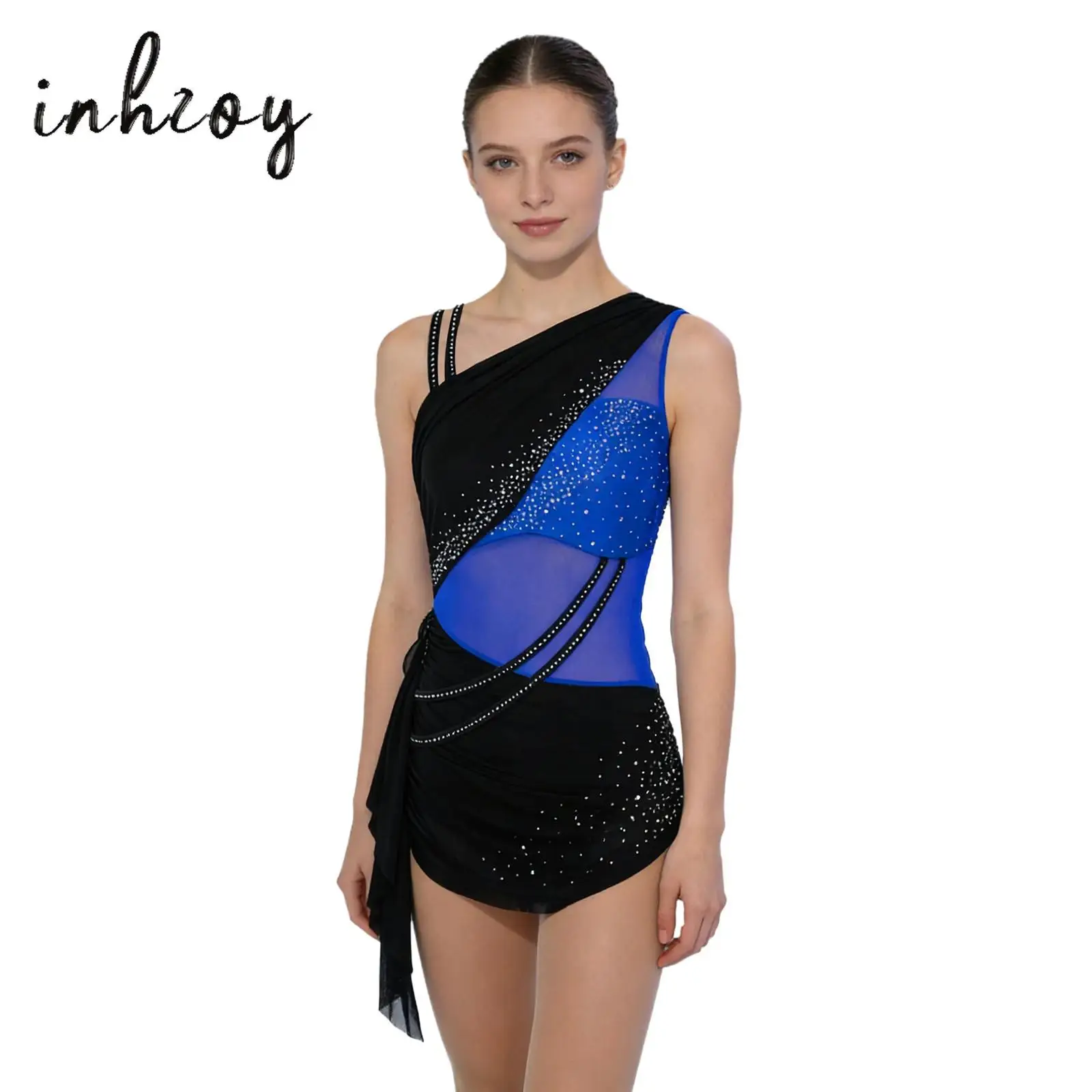 

Women's Asymmetrical Shoulder Bodysuit Color Block Rhinestones Rhythmic Gymnastics Modern Dance Wear Latin Performance Dresses