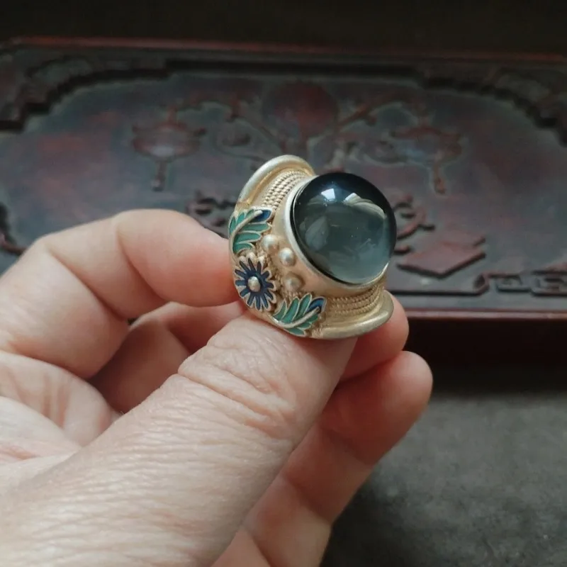 Vintage Ethnic Leaf Enamel Band Ring Round Dome Grey Simulated Gemstone Oriental Retro Men Party Statement Finger Ornament