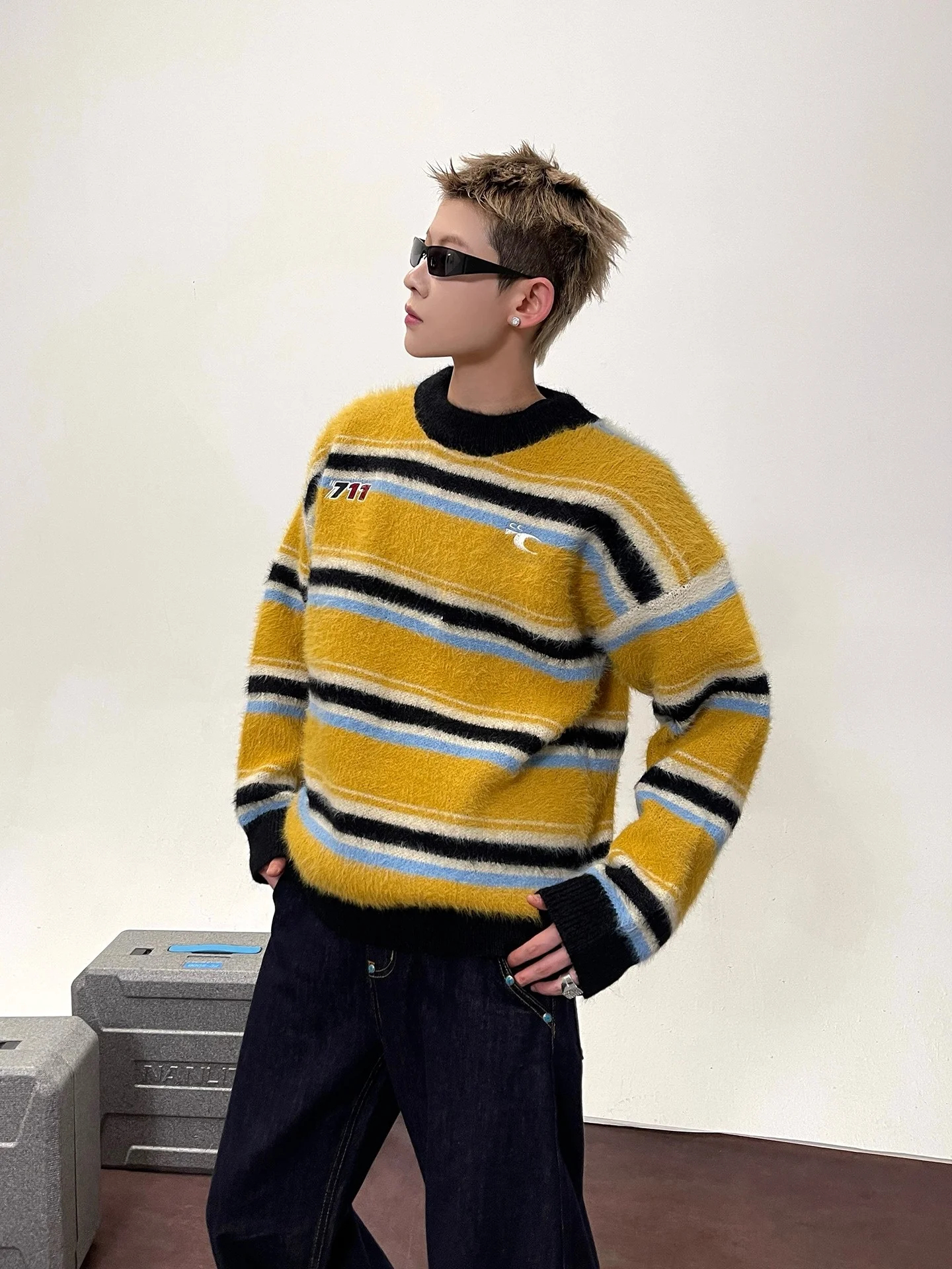 

Американский ретро полосатый круглый свитер Ne, мужской свободный повседневный универсальный вязаный свитер для пар, осенне-зимняя верхняя одежда, топ