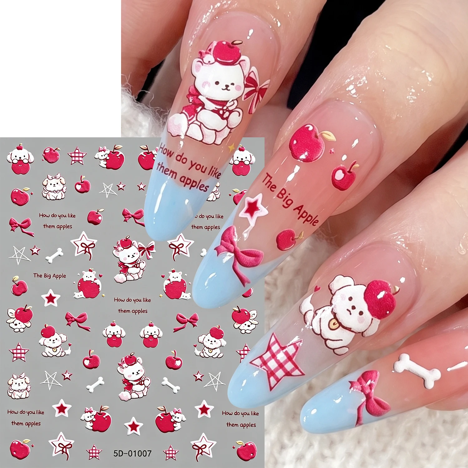1Pcs Cartoon Red Apple Bow Puppy Nail Stickers Y2K Checkered Star Self Adhesive Nails Decal Sweet Daily DIY Manicure Salon Decor