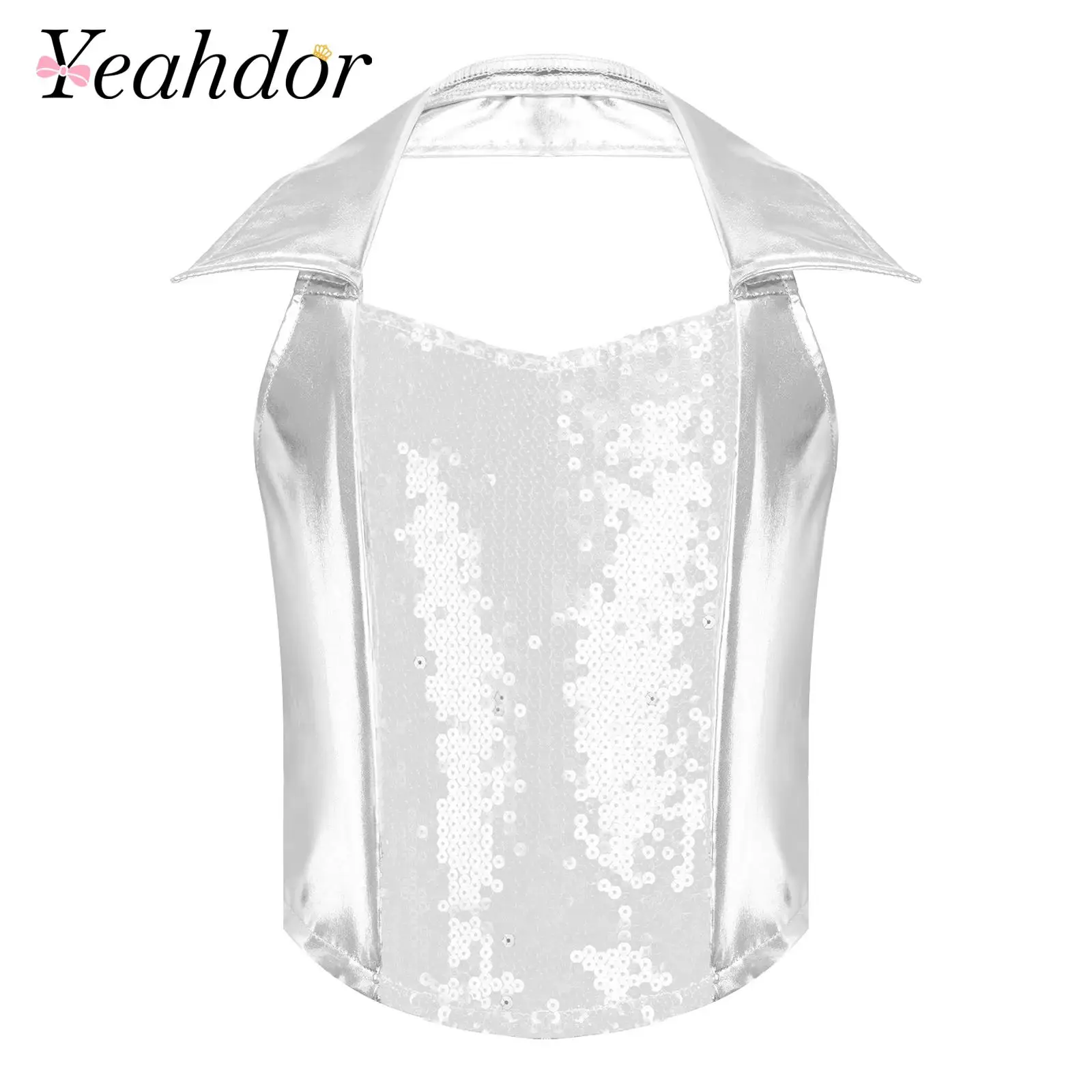 Kids Girls Crop Vest Jazz Dance Disco Costume Halter Glitter Sequins Sleeveless Vests Teen Metallic Shiny Tank Top Stage Costume