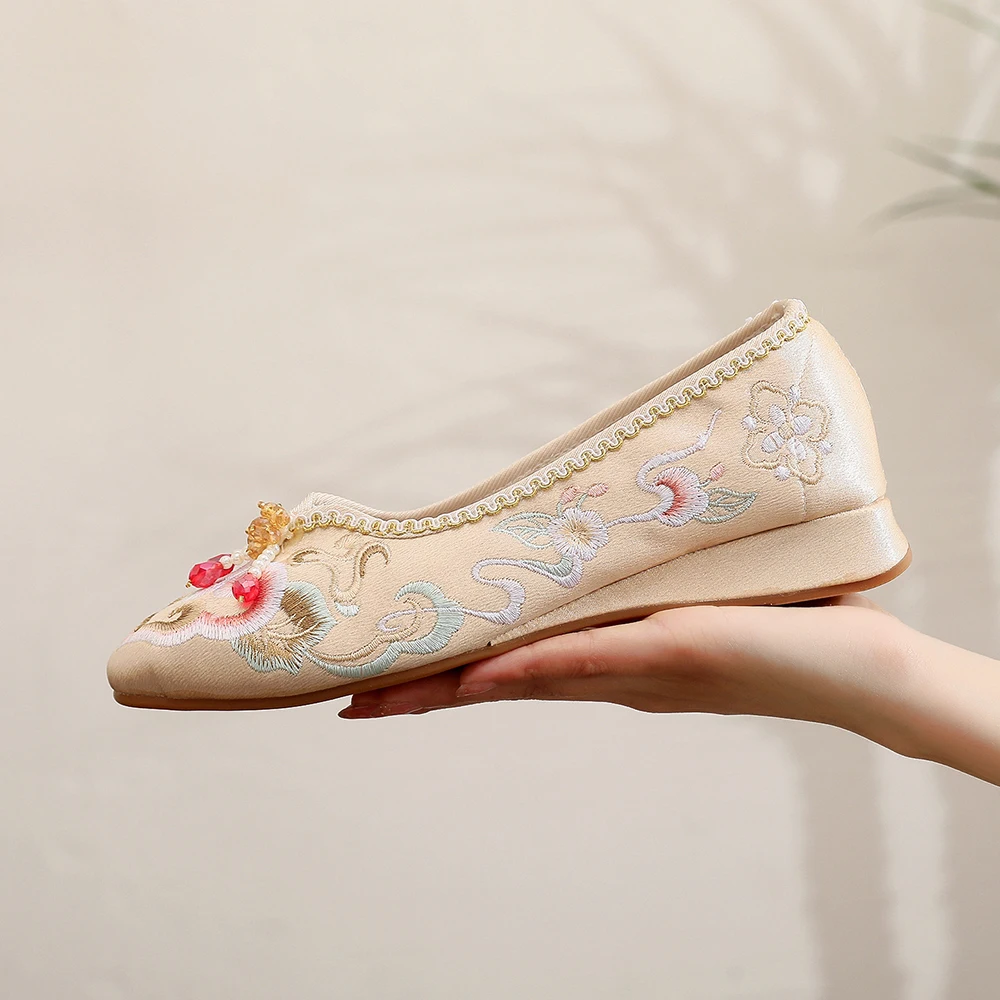 Veowalk Elegant Women Cotton Satin Embroidered Ballet Flats Comfortable Soft Leisure Walking Shoes Beige Pink Blue White