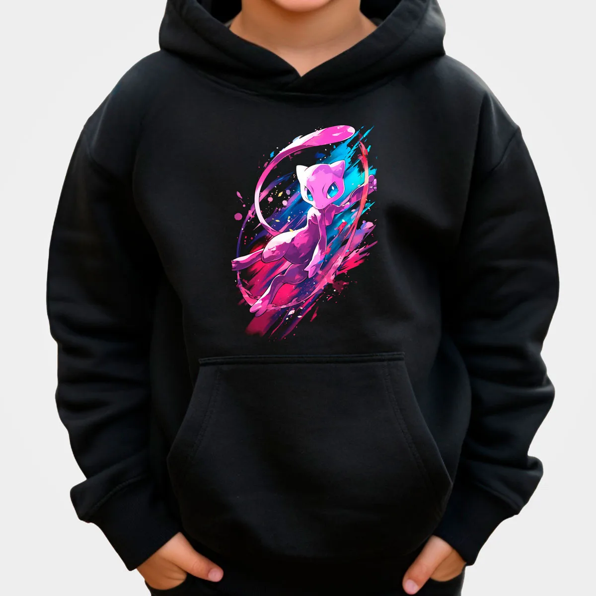 Pokemon Anime Sudadera con capucha de algodón Color negro Snorlax durmiendo en fondo colorido estampado frontal grande ajuste suelto calidez de otoño invierno
