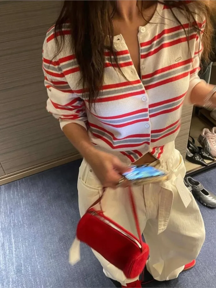 

Классический полосатый вязаный кардиган, женский осенний хлопковый свитер с круглым вырезом и мягкими пуговицами, винтажный милый свитер в консервативном стиле