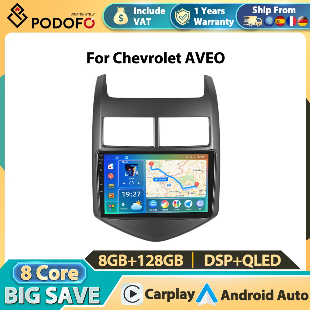 Autoradio Podofo Carplay per Chevrolet AVEO 2011-2013, sistemi intelligenti per auto, controllo vocale intelligente, Android Auto, schermo intelligente, lettore multimediale video per auto, BT, FM,