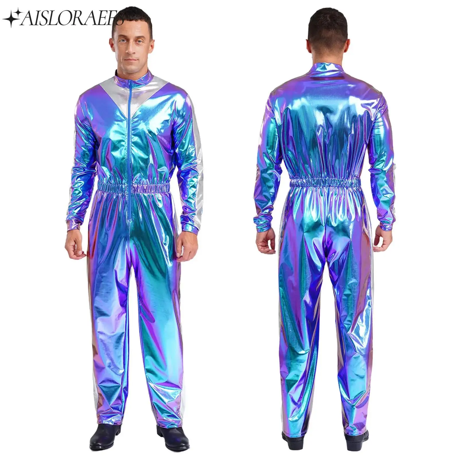 

Mens Adult Shiny Bodysuit 80s Disco Costume Singer Costume Long Sleeves Long Jumpsuit Fashion Casual Clothes Party Club Wear